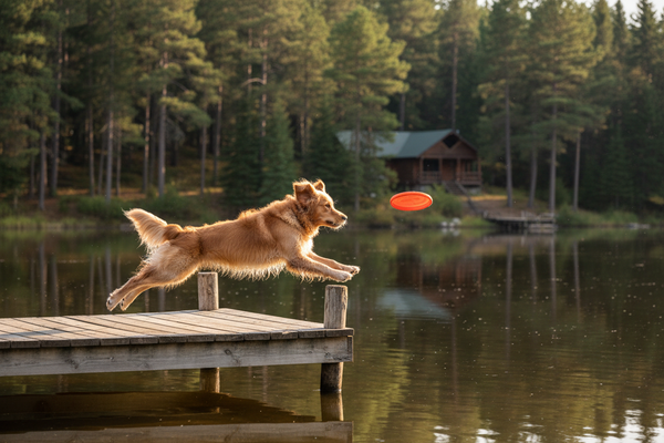 Golden Retriever Leaping Off Dock Into Lake