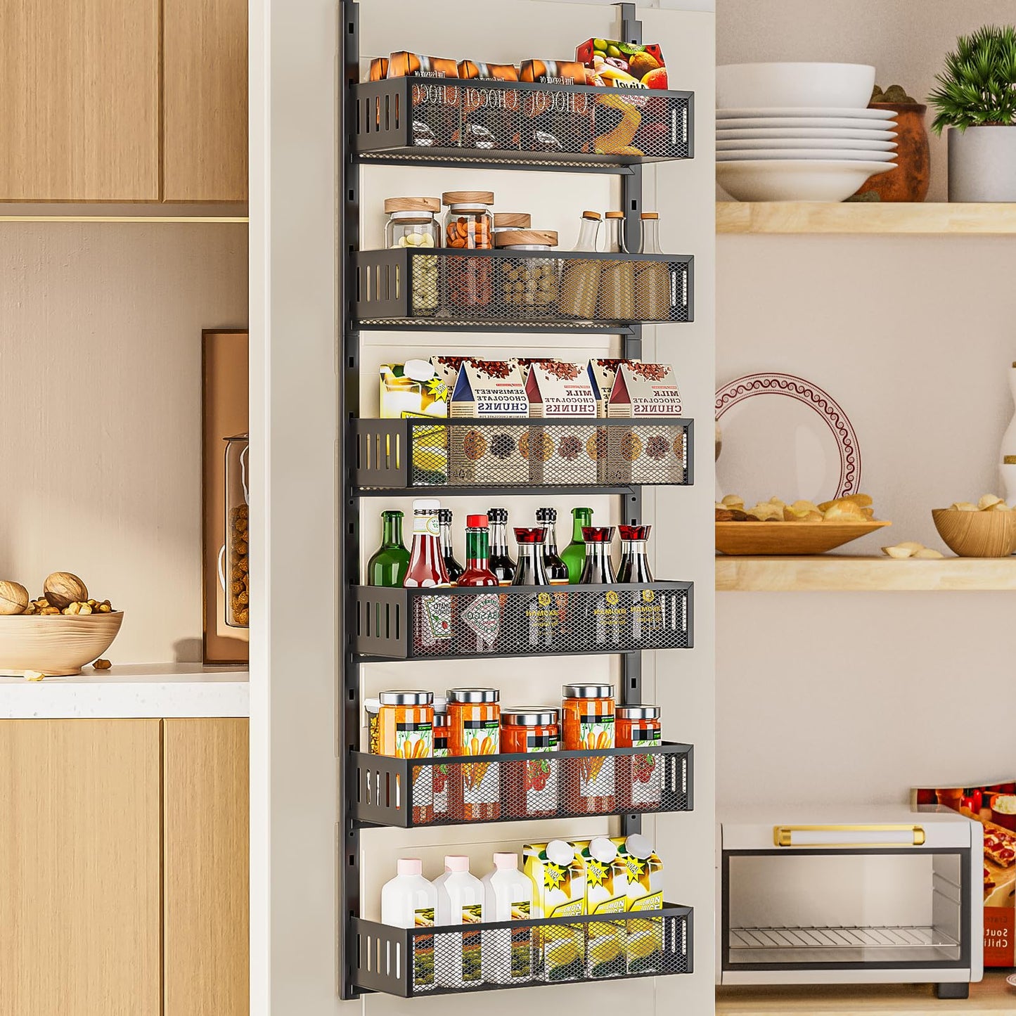 6-Tier Over The Door Organizer — Black Metal Mesh Baskets
